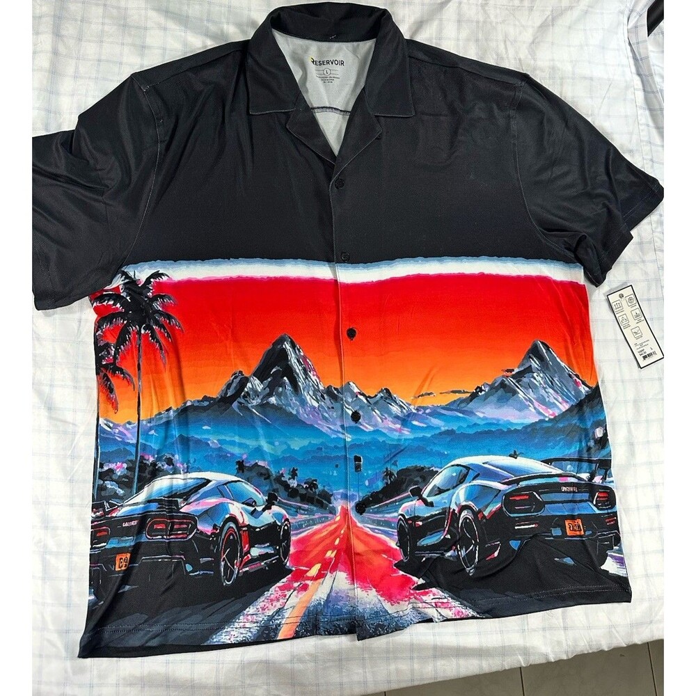Reservoir Men’s Large Button Up Shirt Synthwave Vaporwave Sunset Race Car Palm